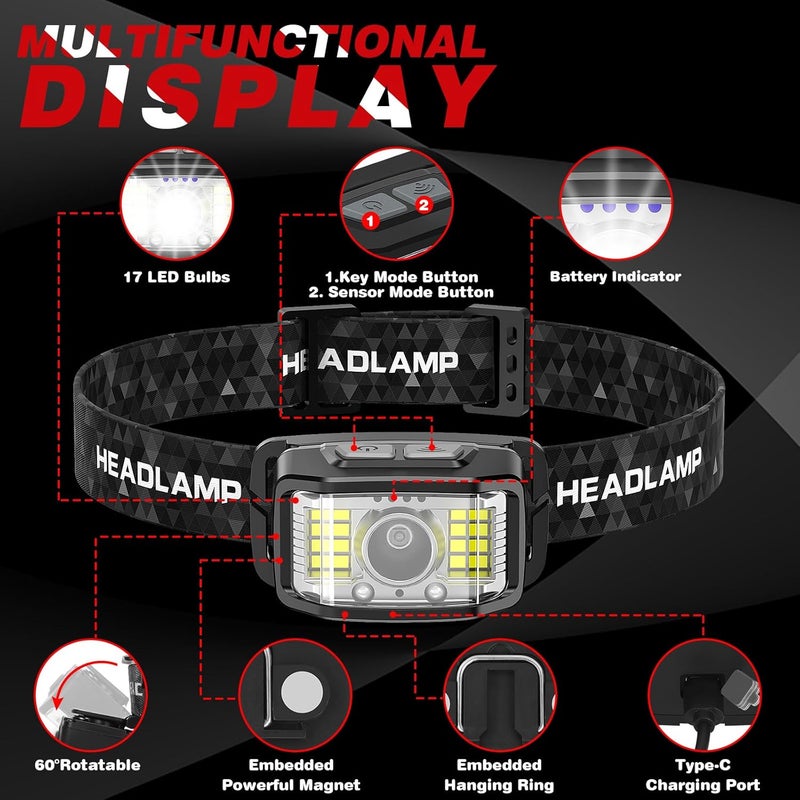 KIDECCE Store Headlamp Rechargeable,2 Pack 2000 Lumen Super Bright Led Headlamp,16 Modes Motion Sensor Head Lamp,Ipx6 Waterproof Lightweight Headlight,White Red Flashlight For Fishing Camping Hunting Essentials - Image 2